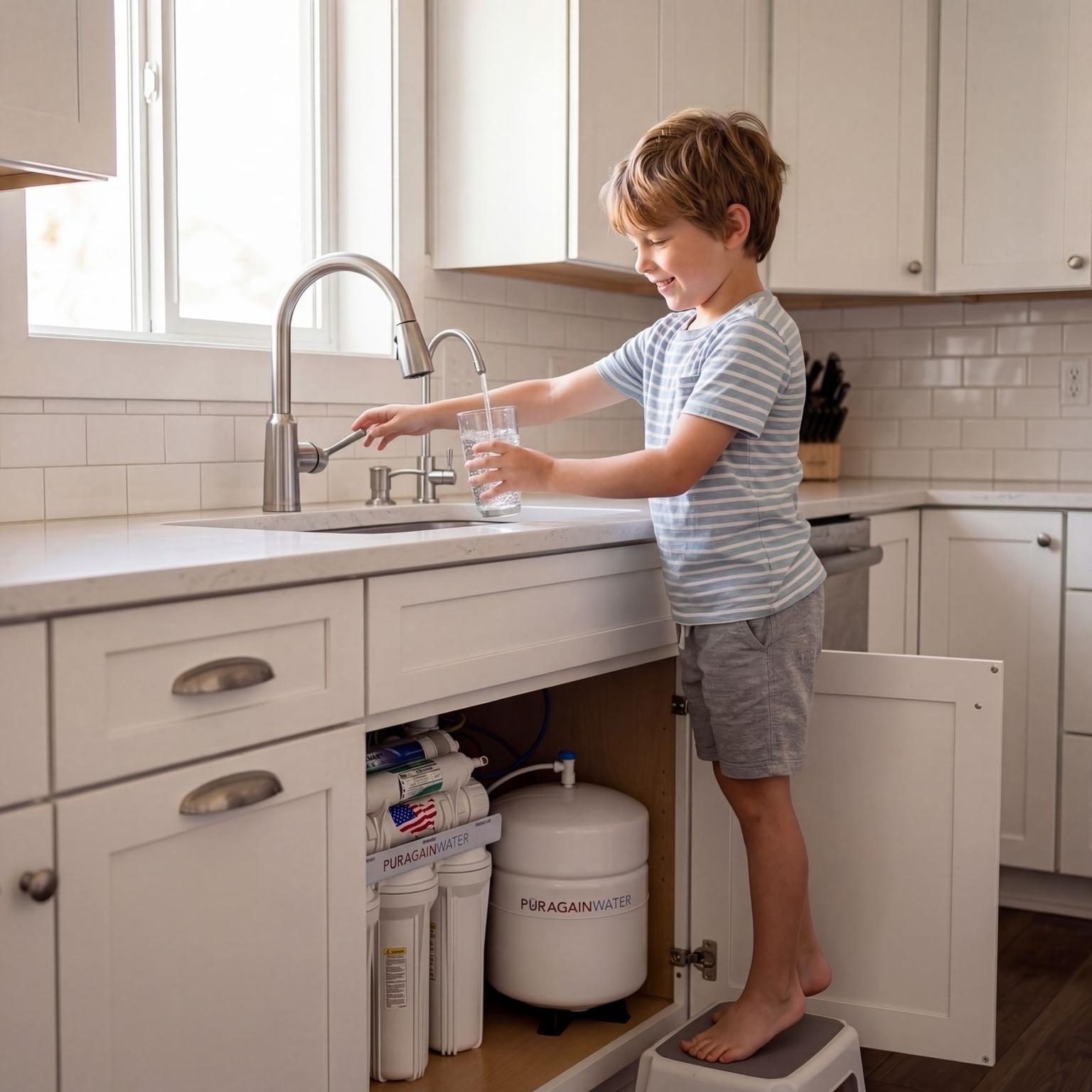Child filling a glass of clean water from a Puragain filtered tap
