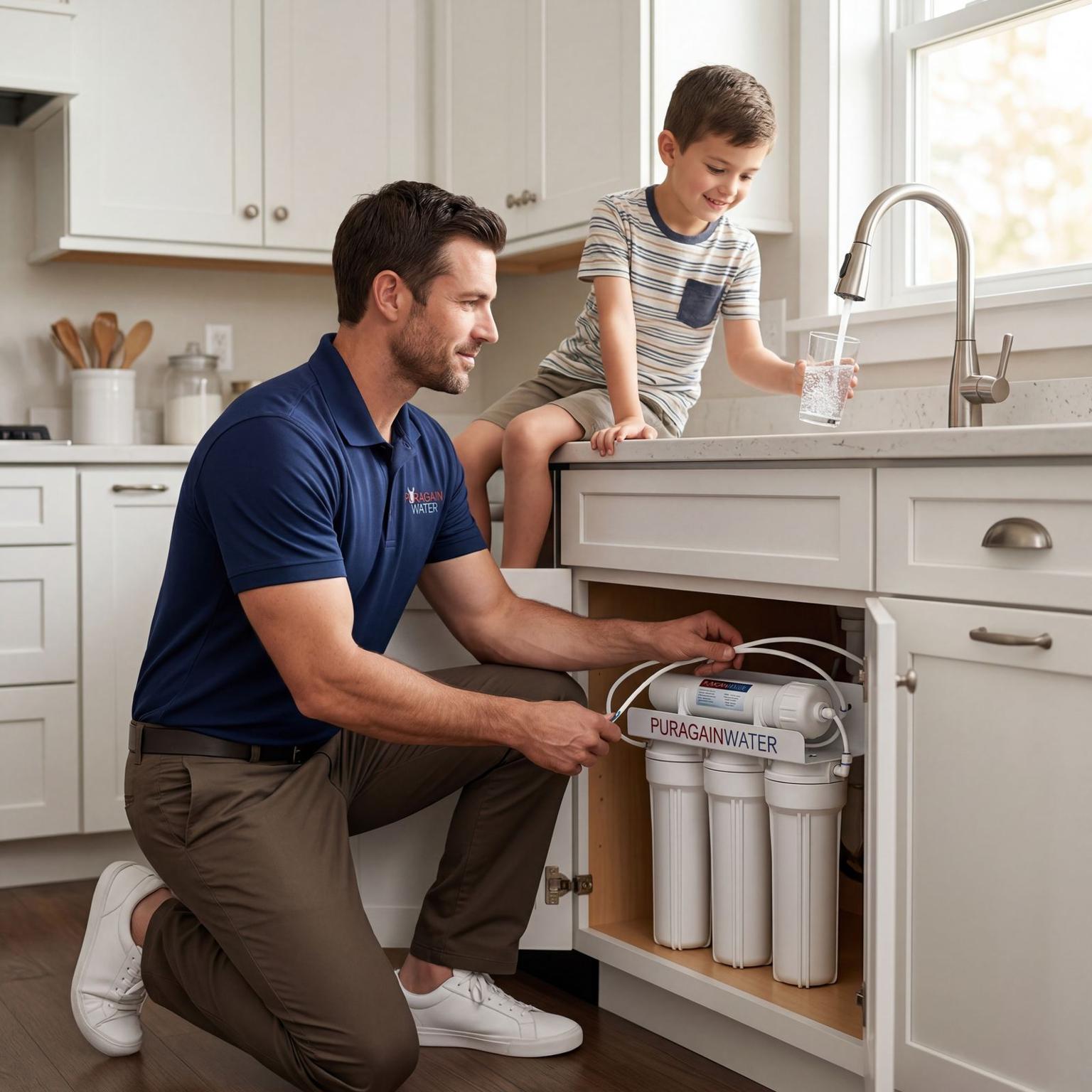 Puragain technician installing water filtration system